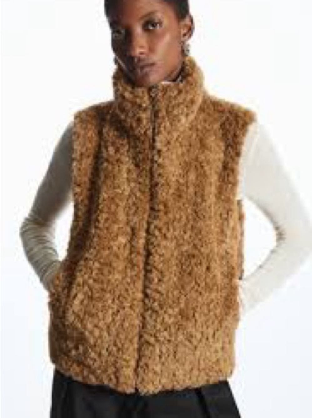 COS copper color faux shearling full zip vest